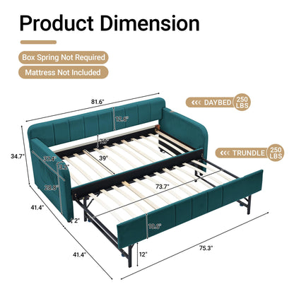 DNYN Twin Size Velvet Daybed Frame with Pop-up Trundle Bed for Bedroom Guest/Living Room, Space-Saving Upholstered Sofabed with USB Port & Side Pocket, No Box Spring Needed