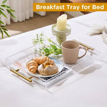 12"x16" Clear Acrylic Serving Tray with Golden Handles, Sturdy Huge Capacity Acrylic Tray for Coffee, Juice, Kitchen and Desk Organizer, Storage Tray (12"x16")