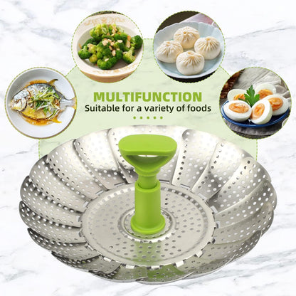 Sihuuu Folding Stainless Steel Steamer Basket (7-11 Inches) with Heat Resistant Handle - Ideal for Cooking Seafood, Vegetables, Fruits - Expandable and Easy to Clean - Dishwasher Safe