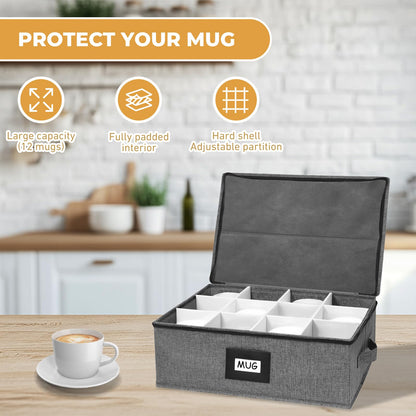 HURZMORO Mug Storage Box with 12 Compartments, Gray Hard Shell Container, Padded Dividers, Dual Handles, Zipper Lid for Coffee Cup Organization and Moving (1, Coffee Cup Storage Box)