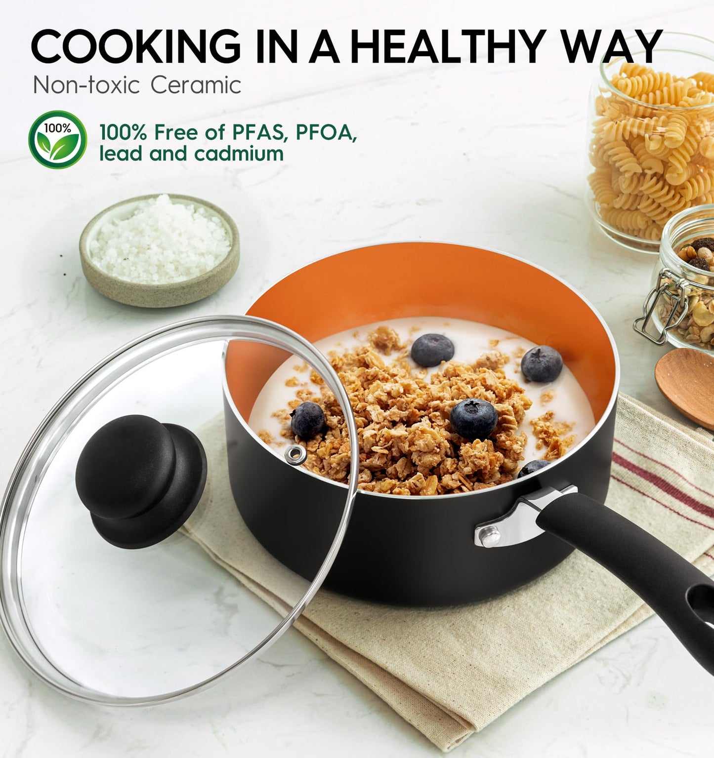 MICHELANGELO Nonstick Sauce Pan with Lid 1QT, 2QT & 3QT, Ceramic Saucepan Set, Copper Sauce pans, Non-Toxic Saucepan, Multipurpose Cooking Pots Set For Home Kitchen, Compatible induction