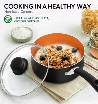 MICHELANGELO Nonstick Sauce Pan with Lid 1QT, 2QT & 3QT, Ceramic Saucepan Set, Copper Sauce pans, Non-Toxic Saucepan, Multipurpose Cooking Pots Set For Home Kitchen, Compatible induction