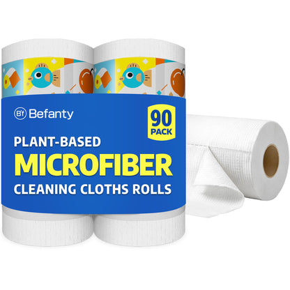 Befanty 90 Pack Plant-Based Microfiber Cleaning Cloth Rolls, Washable & Reusable Paper Towels for Kitchen, Ultra Absorbent, Scratch Free, Lint Free, Cleaning Supplies, 8.6" x 11.8" (2 Rolls)