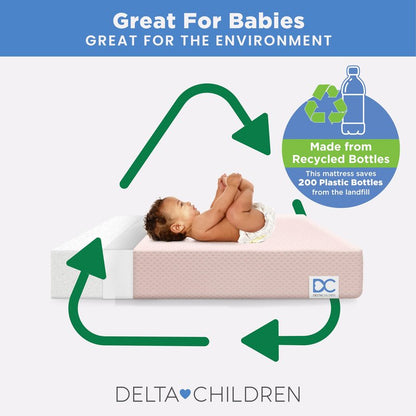 Delta Children Twinkle Stars Breathable 4-inch Mini Crib Mattress with Removable/Machine Washable Cover - GREENGUARD Gold – Waterproof - Sustainably Sourced Core Fiber Core, Pink