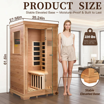 1 Person Infrared Dry Sauna for Home, Low EMF Indoor Sauna, Premium Wood Build with 960W Carbon Panels - Home Sauna for Daily Relaxation & Wellness, 35 * 27 * 61 Inch,Ventilation & Storage Tray