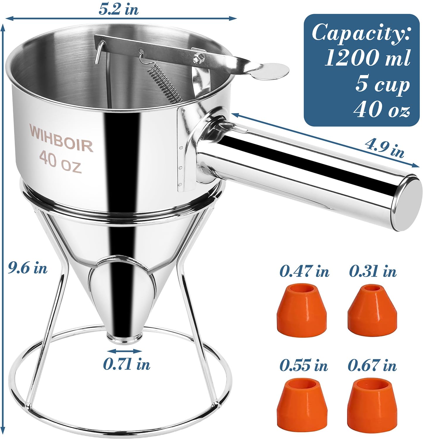 WIHBOIR Stainless Steel Pancake Batter Dispenser with Squeeze Handle and Multi-Nozzle, for Pancakes, Cupcakes, and Baked Goods. 40 oz