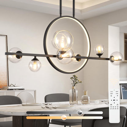 KELUOLY Modern 7 Light Dining Room Chandelier, 37.4" Black Dimmable Mid Century Linear Pendant Lights with Globe Glass Shade, Minimalist Island Light for Dining Room, Office, Kitchen