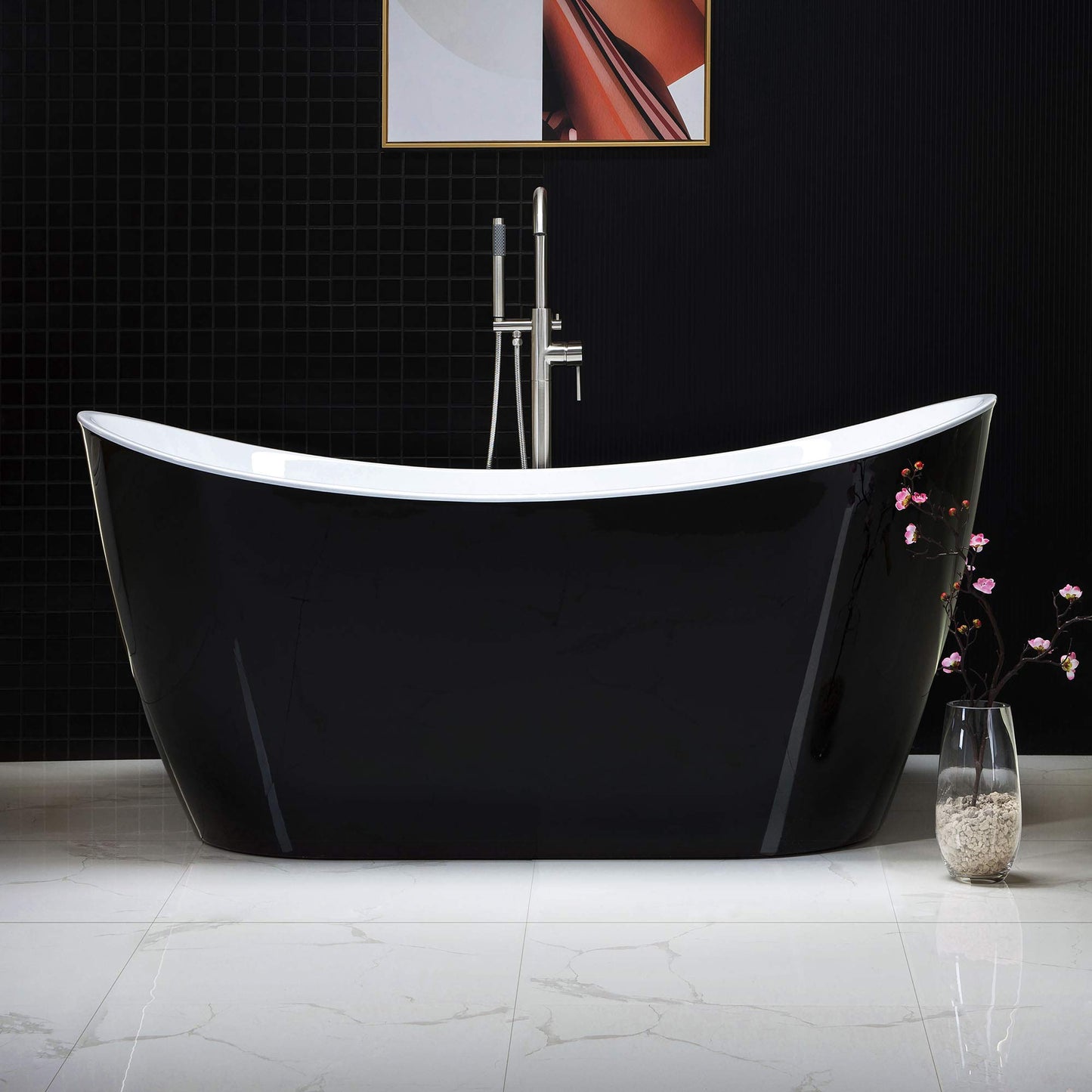 WOODBRIDGE 59" Acrylic Freestanding Bathtub Contemporary Soaking Tub with Brushed Nickel Overflow and Drain, B-1816 Black Color
