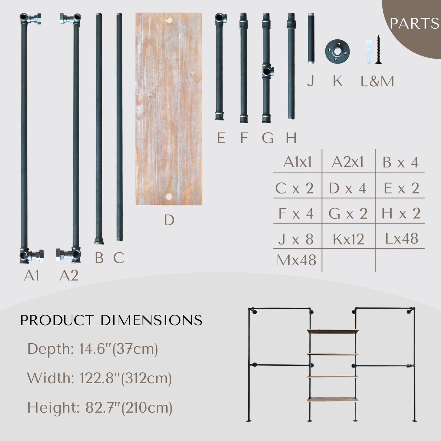 Anynice Industrial Pipe Clothing Rack Wall Mounted, DIY Custom Closet System with Shelves, Heavy Duty Garment Hanging Rack for Walk in Closet, Laundry Room, Retail Display, 14.6x122.8x82.7 in, Y05