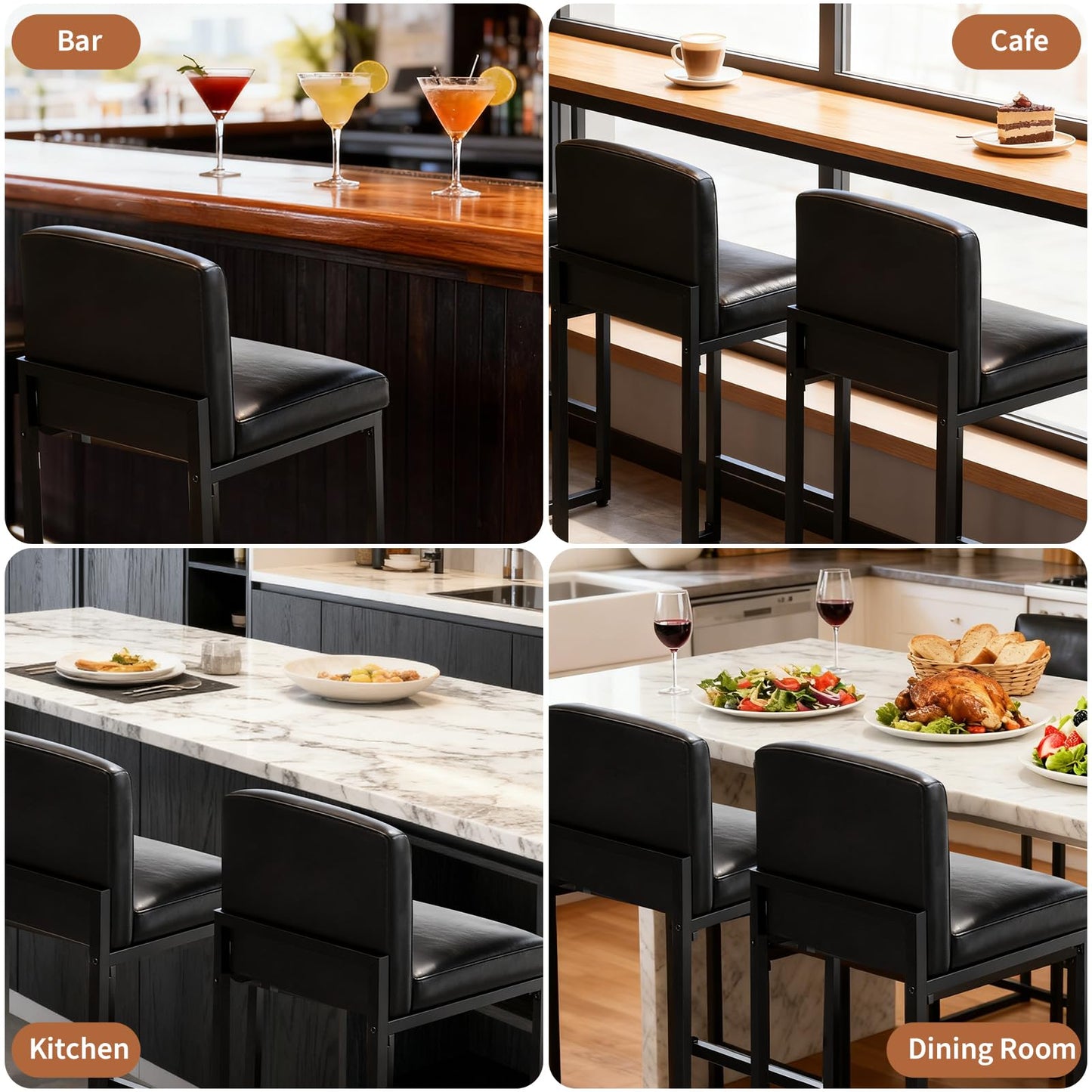 GarveeHome Bar Stools Set of 6, Modern Counter Height Bar Stools with Back and Footrest, Faux Leather Upholstered Barstools Chairs for Kitchen Island Dining Room Bar, Black