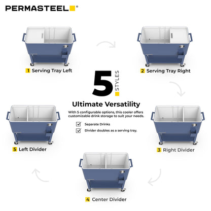 Permasteel Party Cooler with Divider, Removable Basin, Spacious 80-Qt Capacity, Chills 36hrs, Serving Tray, Rolling Ice Chest for Indoor & Outdoor, Matte Blue