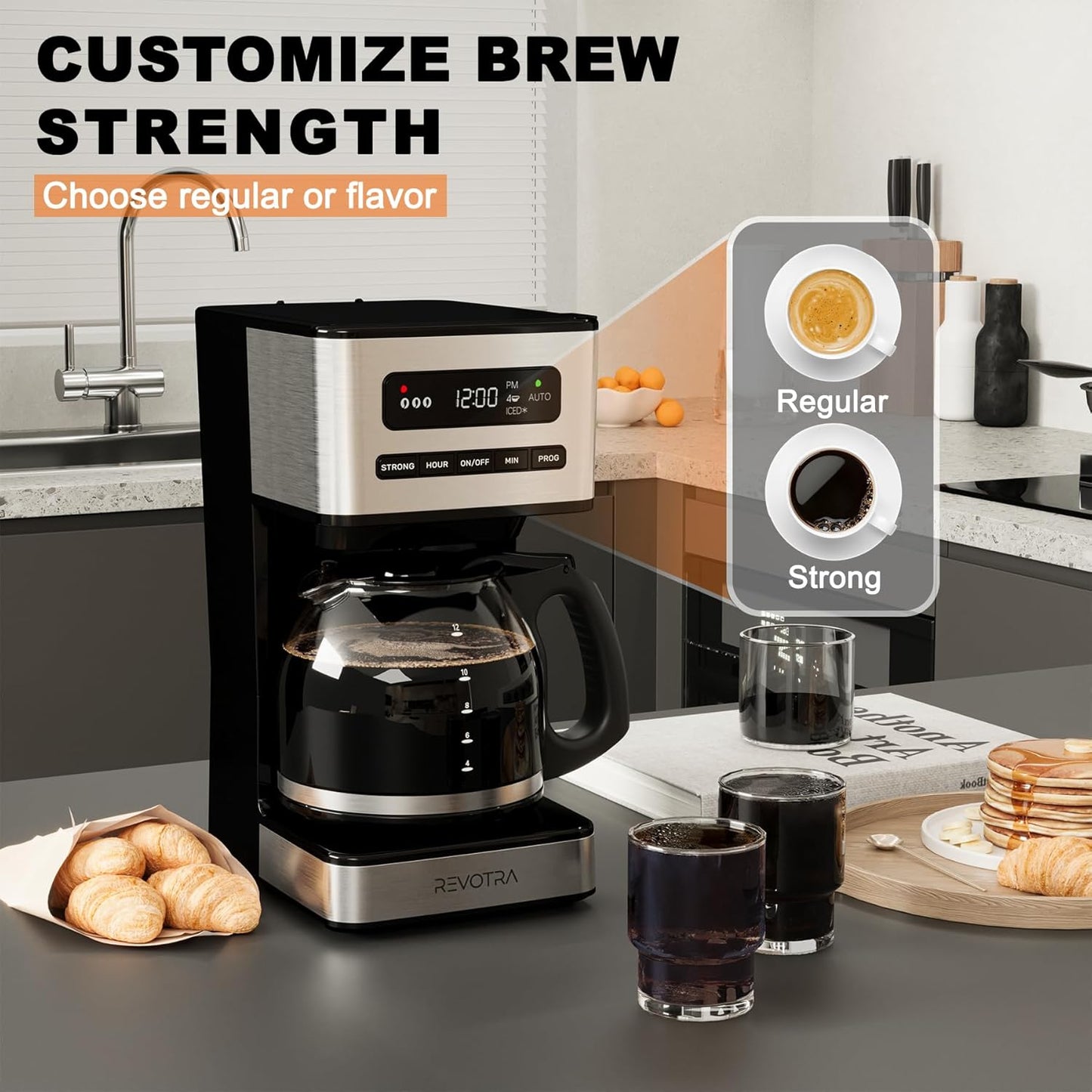 12-Cup Programmable 1-4 Setting, 24H REVOTRA Coffee Maker, Regular & Strong Brew Drip Coffee Machine, Cup and Ice