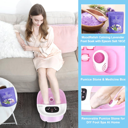 Foot Spa Bath Massager with Heat Bubbles and Vibration Massage and Jets, 16 OZ Calming Lavender Foot Soak Epsom Salt, MoodRelish Foot Soaker with Red Light, 22 Massage Rollers, Adjustable Temp - Black
