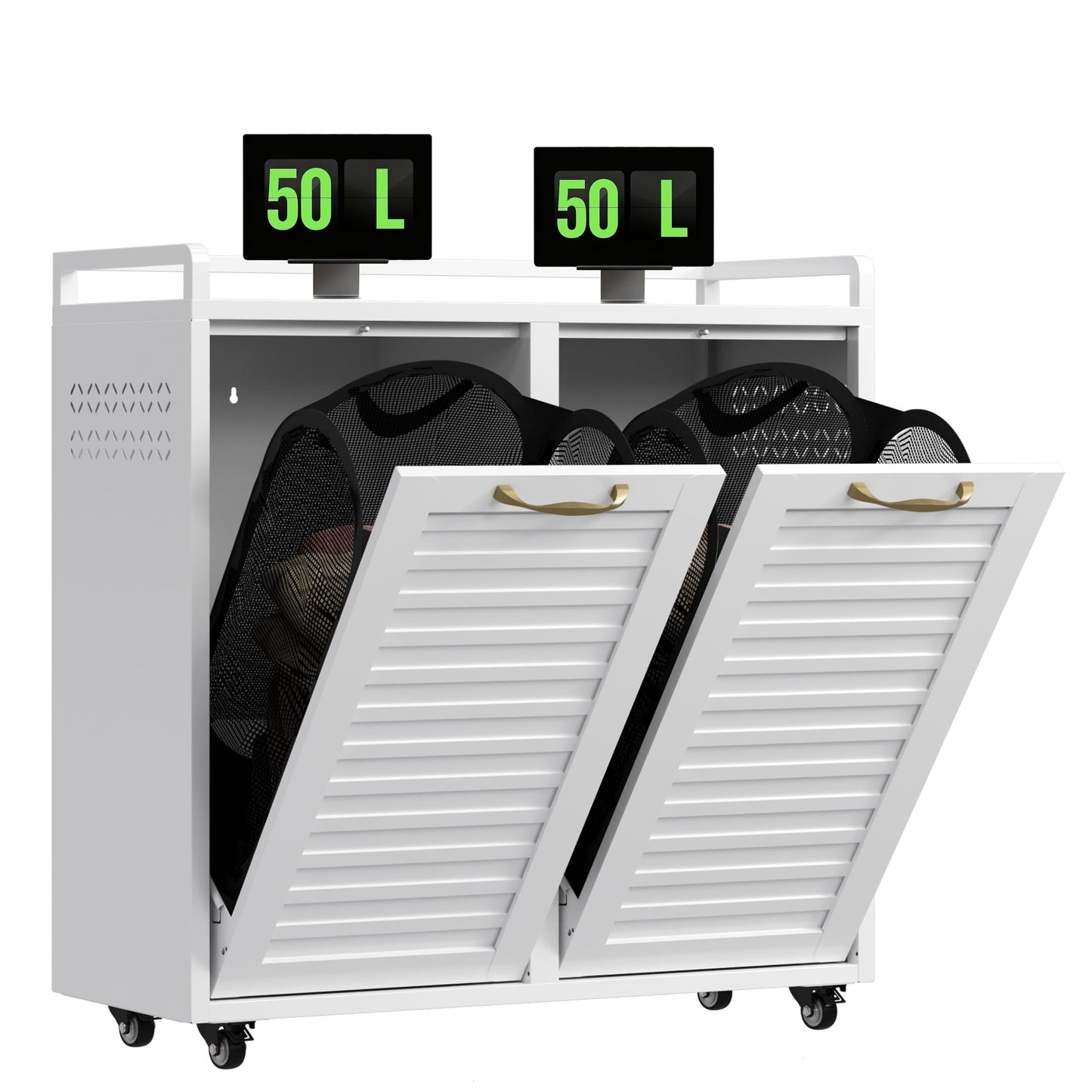 100L Dual Laundry Hamper with Wheels, Metal Rolling Laundry Cabinet with 2 Compartments and Removable Bags, Hidden Design