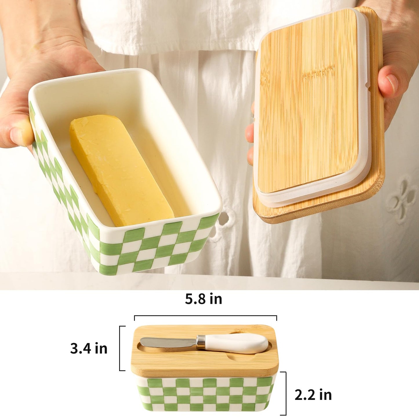 Howise Butter Dish with Lid, Large Butter Dish for Countertop, Ceramic Butter Keeper Container with Knife and Silicone Sealing Butter Box for Home Decor Good Kitchen Gift Green