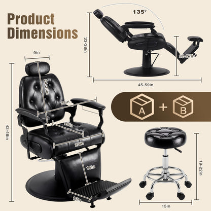 Oakvera Barber Chair with Stool, Heavy Duty Vintage Recline Hydraulic Barber Chair with Towel Bar, 360° Swivel All Purpose Professional Salon Chair Barber Shop Beauty Salon Shampoo Equipment, Black