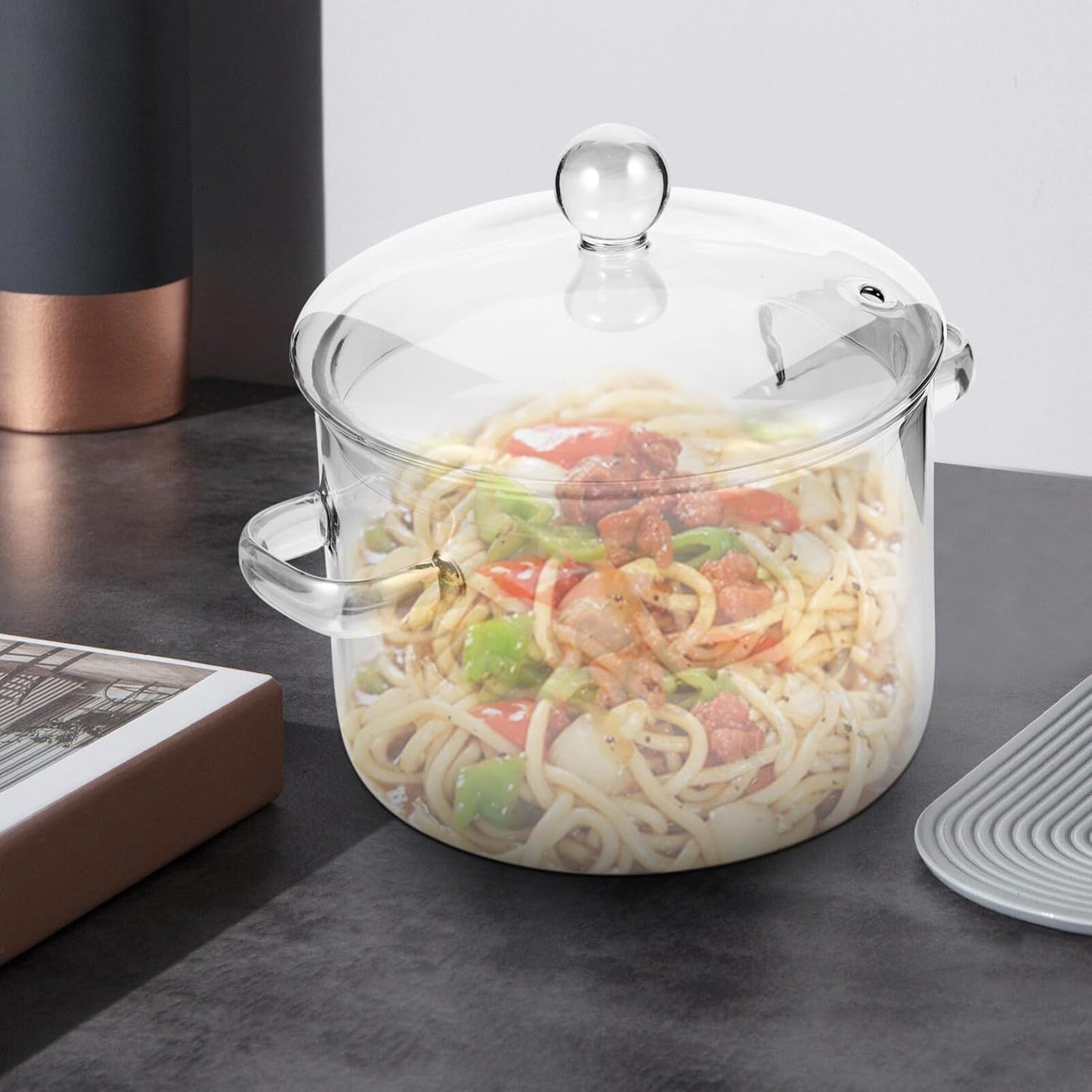 Clear Glass Saucepan with Cover and Handles, 1500ml Simmer Pot for Cooking Pasta, Noodle, Soup, Milk