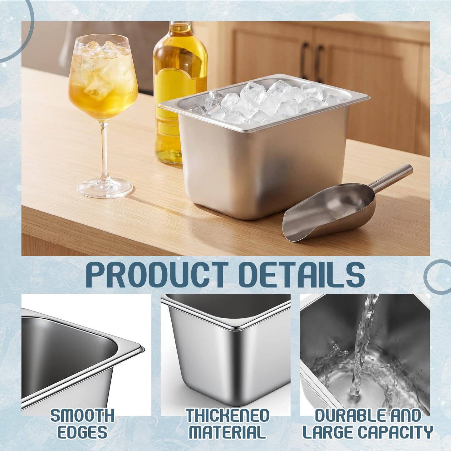 meekoo 3 Packs Ice Bucket for Parties, Stainless Steel Ice Bucket for Freezer with Scoop, 12.8 x 10.4 x 7.8 Inch Drink Champagne Container Bin for Cocktail Bar Wine Icnics Kitchen Storage
