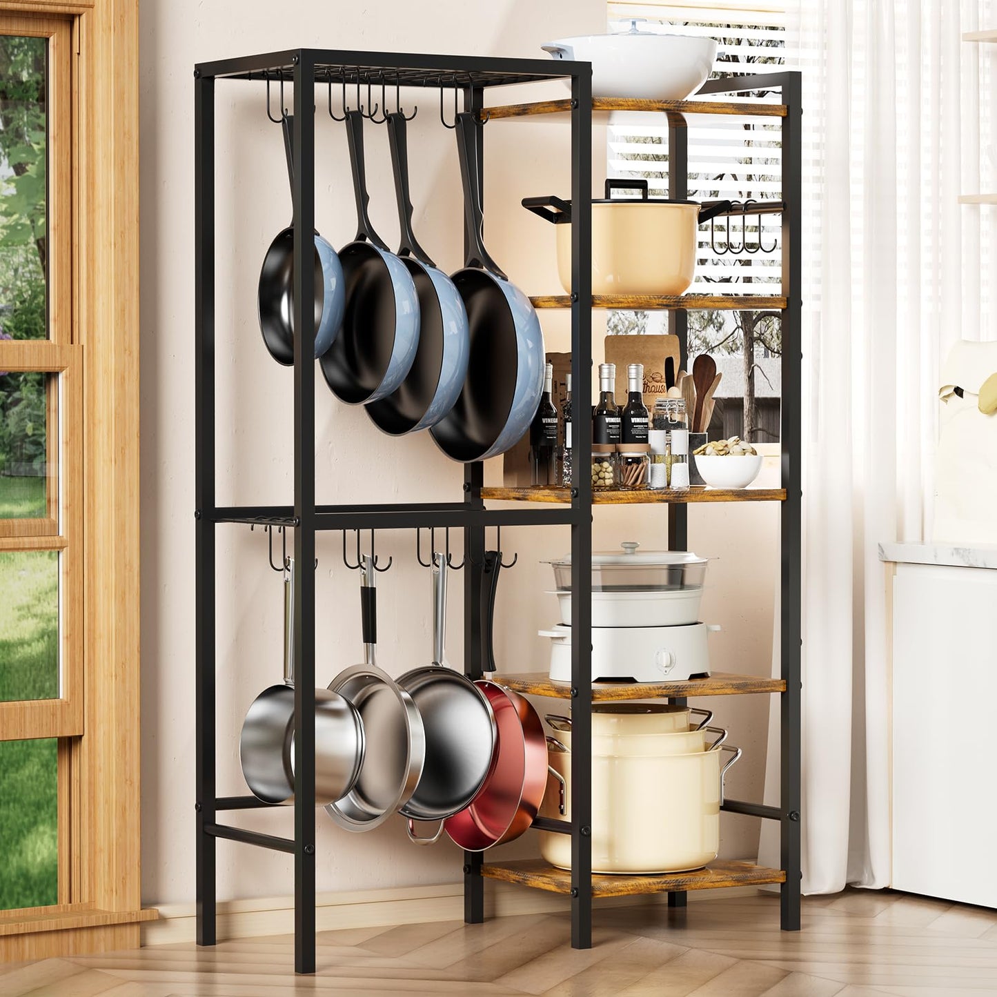OMISRUIS 5-Tier Pot and Pan Organizer Rack with Hooks, Heavy-Duty Kitchen Storage Shelf for Cookware, Dishes, and Utensils, Freestanding Metal Pot Rack Organizer for Kitchen, Pantry, or Dining Room
