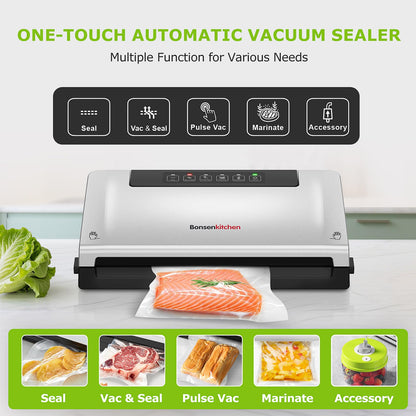 Bonsenkitchen Vacuum Sealer Machine, Built-in Cutter | Bag Storage, Multifunctional Food Sealer for Sous Vide & Meal Prep, 1 Roll Bag & 5 Pre-Cut Bags, Silver
