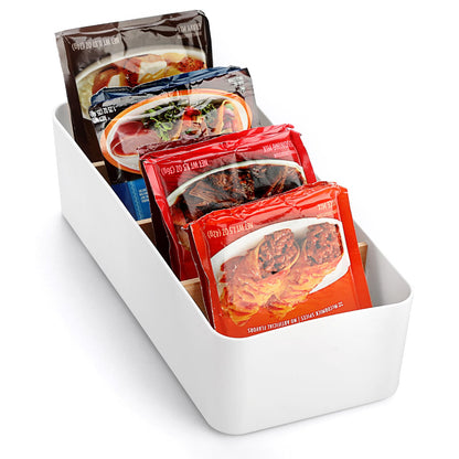 BSTKEY Seasoning Packet Organizer, Food Storage Organizer with Divided 4 Bamboo Wood Compartments, White Plastic Storage Caddy for Pantry Cabinet, Kitchen Organization Bin for Snacks Spice Packets