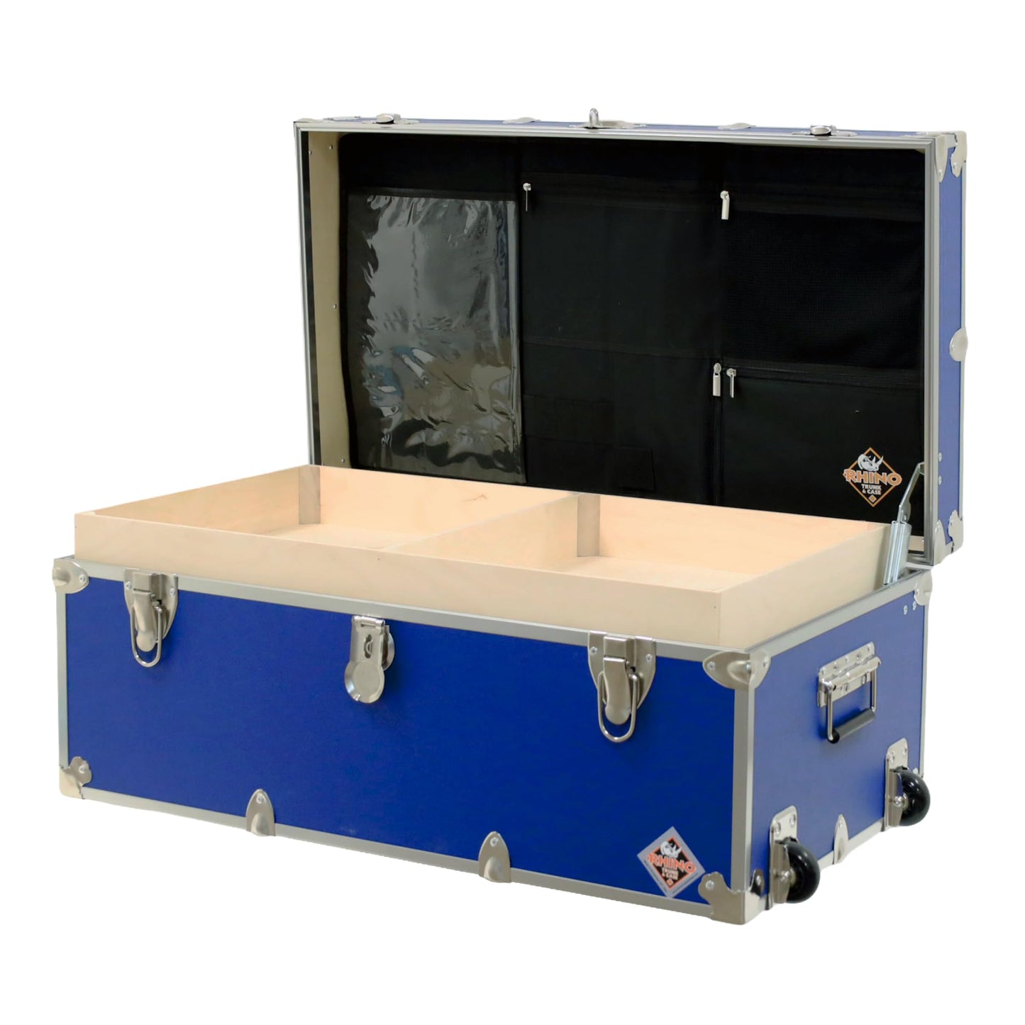 Rhino Trunk & Case Small Essential Trunk With Wheels, Tray, & Lid Organizer - 30"x17"x13", 1000+ lbs Capacity. Strong, USA Made Summer Camp Footlocker, and Secure College Dorm Storage Chest