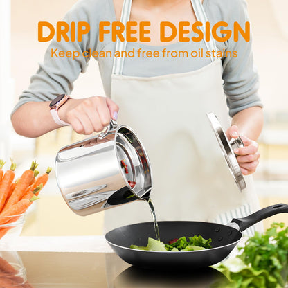 Chihee Grease Container Stainless Steel Bacon Grease Saver with Fine Mesh Strainer 2L / 67.6 fl oz Cooking Oil Keeper Stoarge Can with Dust-proof Lid Non-slip Tray for Kitchen Frying