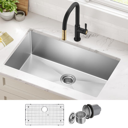Kraus KHU100-32 Standart PRO 16 Gauge Undermount Single Bowl Stainless Steel Kitchen Sink, 32 Inch
