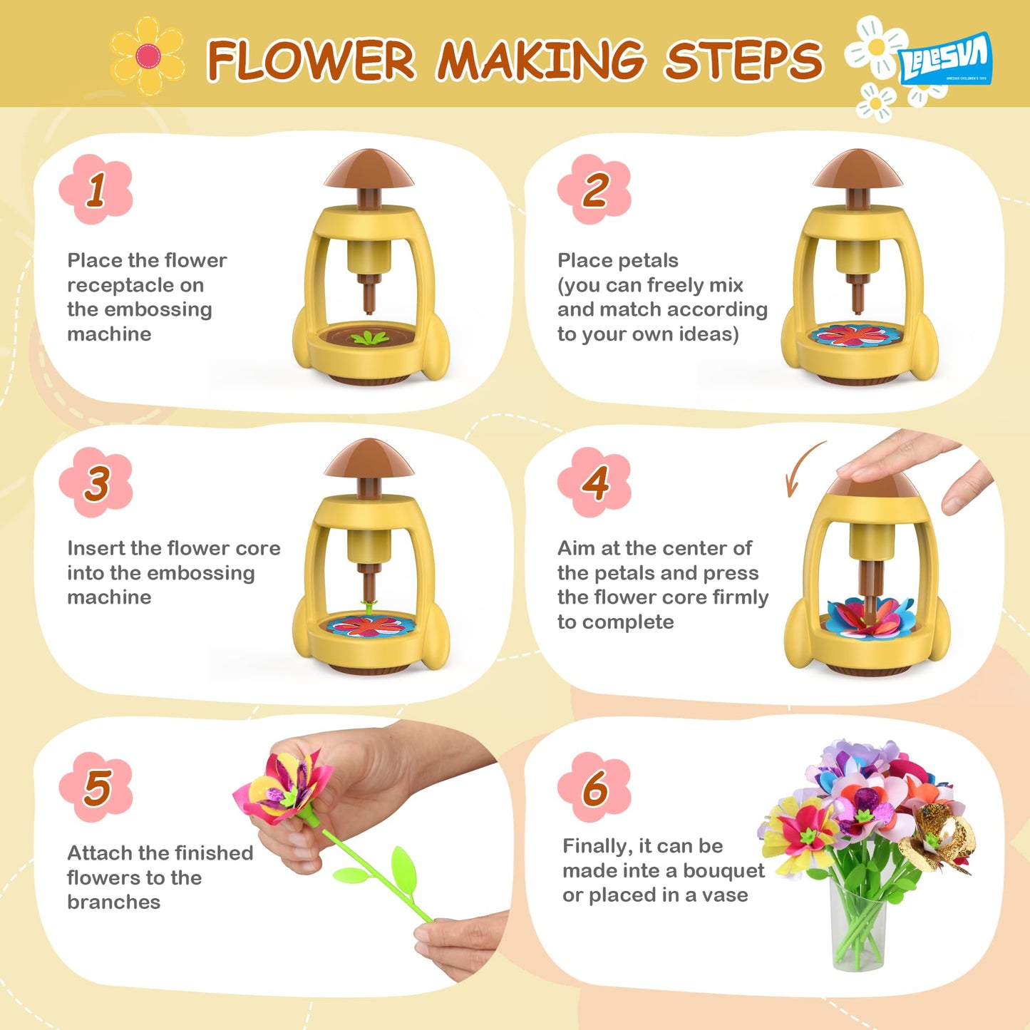 LELESUN DIY Fabric Flower Bouquets Toys, Craft Kits Toys for Kids, Flowers Market Toy, Arts & Crafts for Girls Ages 4 5 6 7 8，Educational Activity Preschool, Christmas Birthday Gift for Toddler