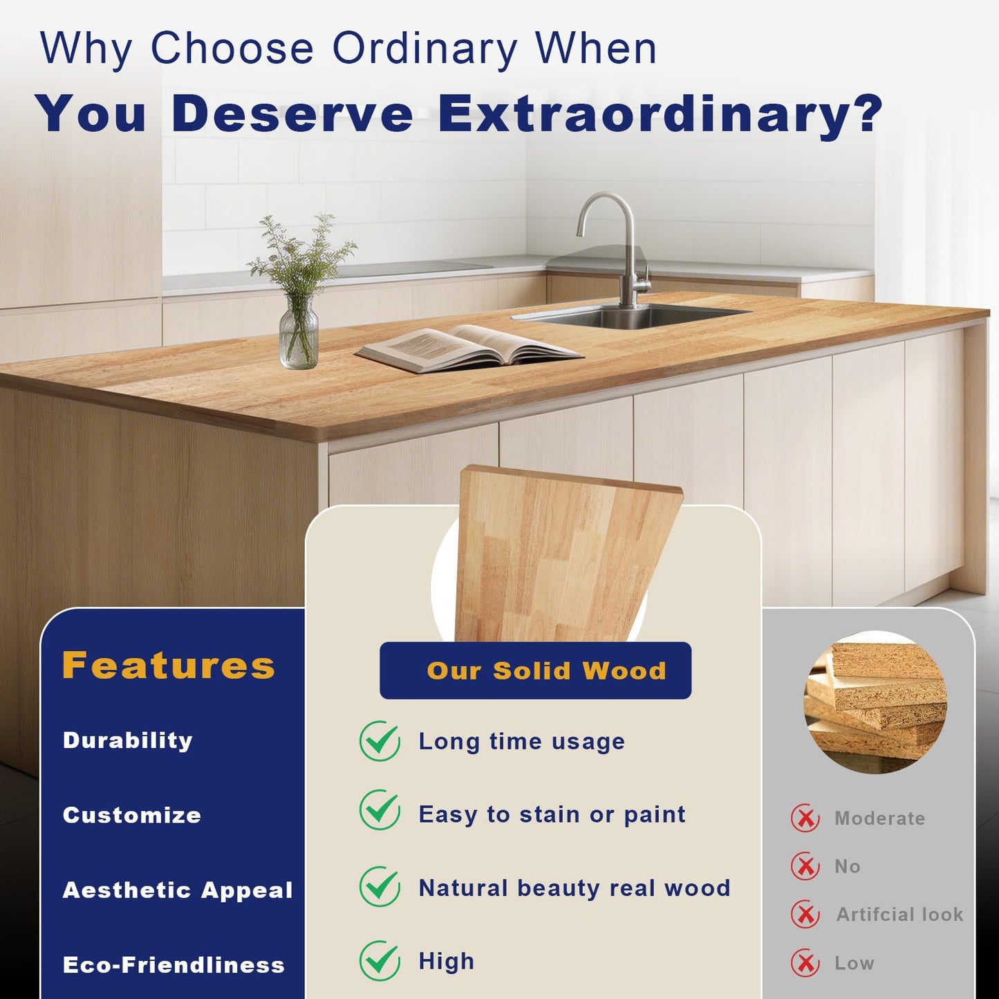 60 x 30in Solid Rubber Wood Butcher Block Table Top – 1 Inch Thick Natural Light Finish for Standing Desk, Office Table, Workbench, Kitchen Island & DIY Furniture Projects