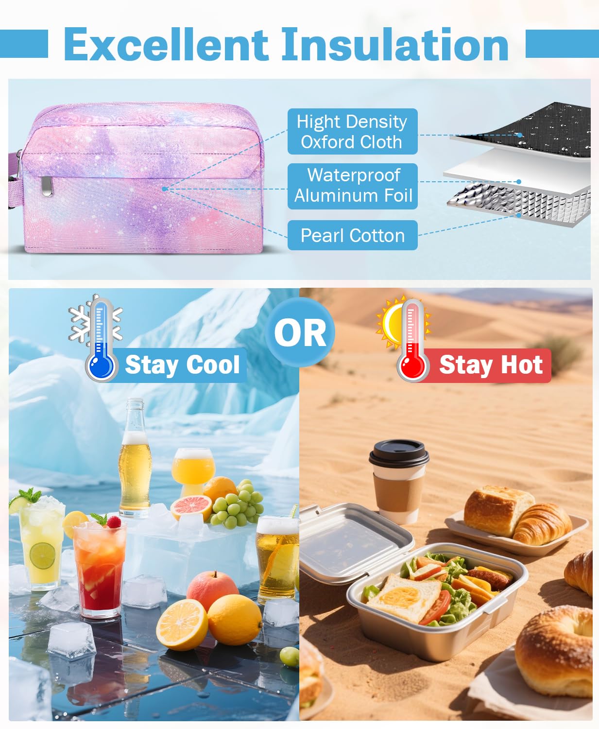 Neverwhy Small Insulated Snack Bag Lunch Box,Collapsible Reusable Small Lunch Bag with Snap Buckle Handle for Beach Travel Picnic,Pink Starry Sky 5-Can(3L)