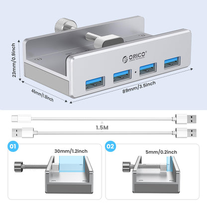 ORICO USB 3.0 Hub, USB Hub Clamp, Aluminum 4-Port USB Splitter with Extra Power Supply Port and 4.92 FT USB Data Cable, Desktop Powered USB Hub for Monitors/Desks-Black (Without Power Adapter)