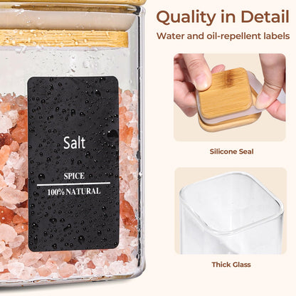 ComSaf 16Pcs Glass Spice Jars with Bamboo Lid, 4oz Airtight Square Spice Containers with 275 Black Lables, Empty Seasoning Jars for Spice Salt Sugar