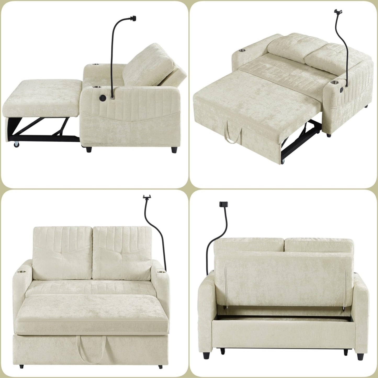 Merax Chenille 3-in-1 Pull Out Sleeper Sofa Bed Couch, 54" Convertible Futon Loveseat with Adjustable Backrest, 2 Cup Holders, Phone Stand, 3 Charging Ports and Storage Pockets for Living Room, Beige