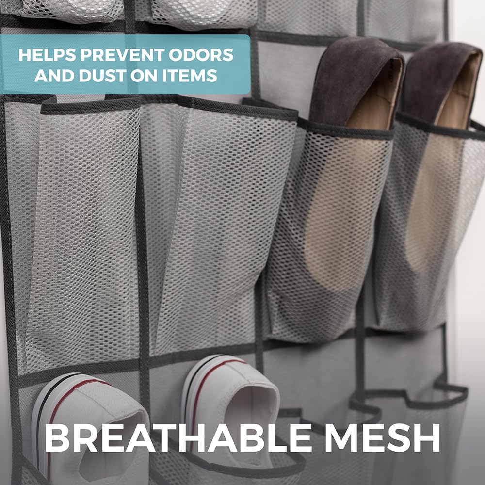 HOME GENIE 24 Pocket Strong Over Door Shoe Organizer, Holds Up to 40 Pounds, Large Breathable Mesh Pocket (Gray)
