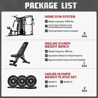 JELENS Home Gym System, 150LB Weight Stack Smith Machine with LAT Pull-Down & Leg Press, All-in-One Strength Training Equipment, Workout Station for Workout (Black, 140LBS Black Weights Package)