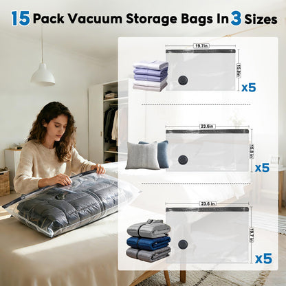 Mapambo Travel Vacuum Bags with -60000Pa LED Electric Pump, 15 Pack Vacuum Seal Bags for Clothing Travel in 3 Combo sizes, Space Saver Vacuum Storage Bags, Saving up to 80% of Space (15 Combo Size)