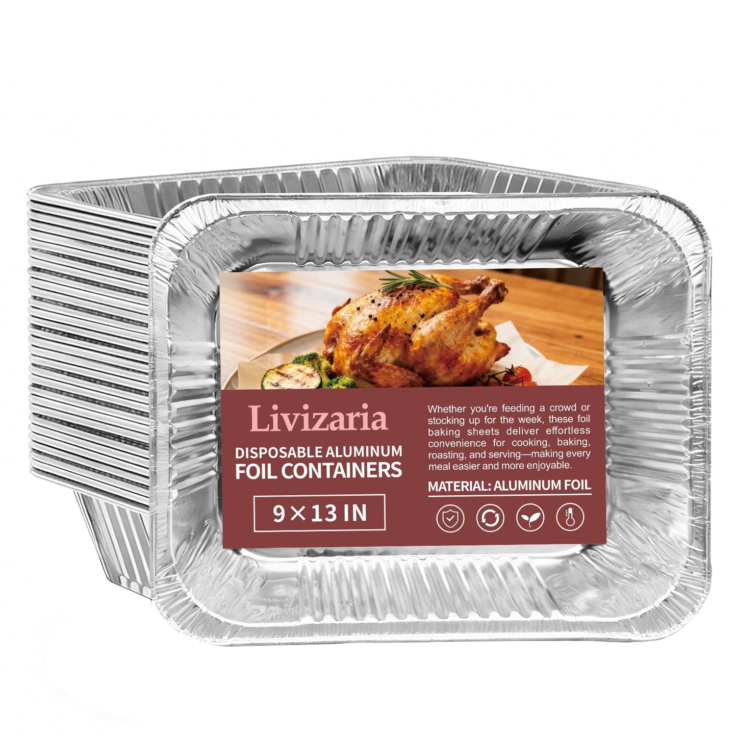 Livizaria Disposable Aluminum Foil Pans 9×13 Inch – Durable Foil Baking Pans for Oven & Freezer Use, Meal Prep, Casseroles & Roasting – Deep Disposable Pans for Parties, Catering & BBQ (30 Pack)