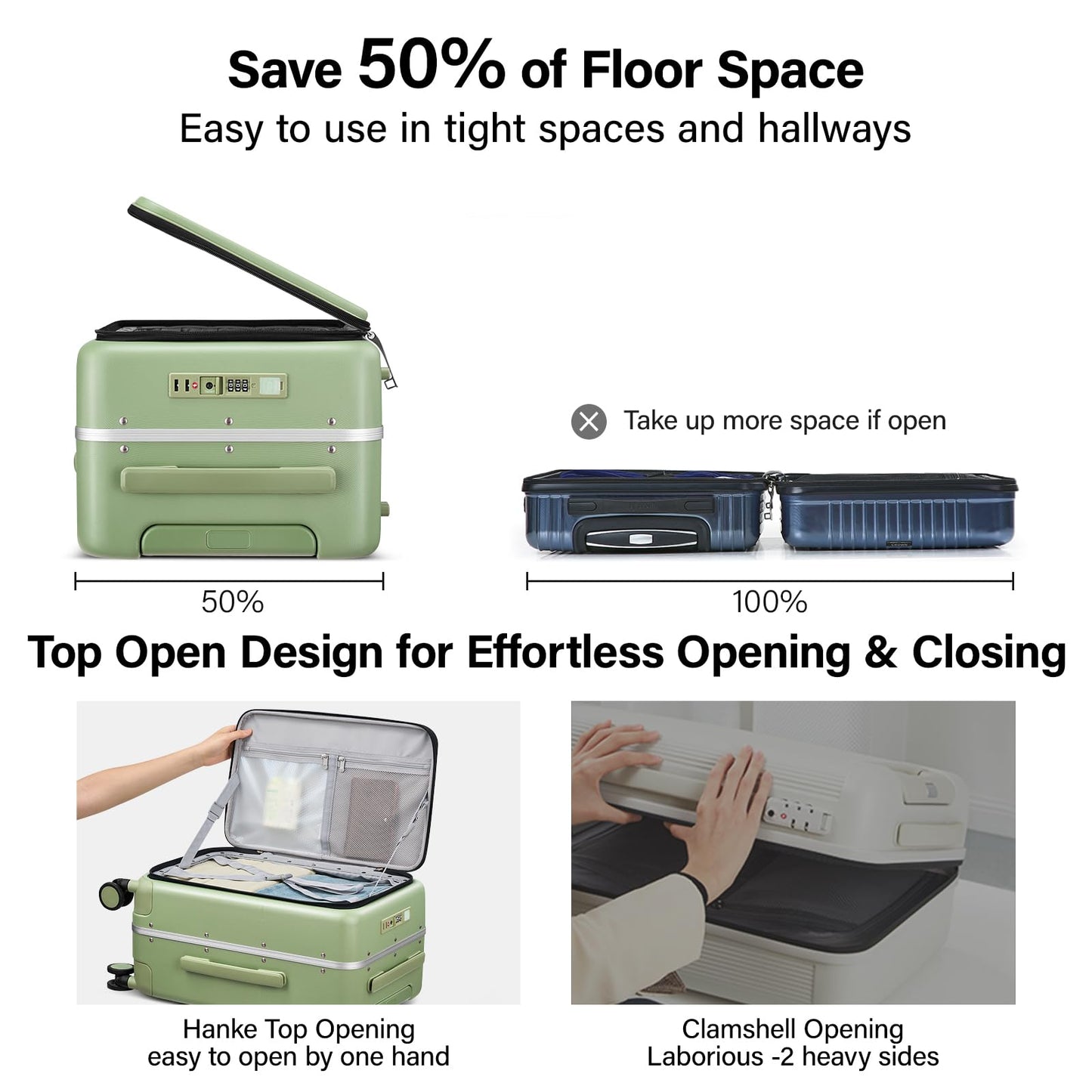 Hanke 28 Inch Checked Luggage with Cup Holder and USB Ports, Top Opening Hard Shell Suitcase with Wheels, Aluminum Frame Large Trunk Luggage with Foldable Divider & TSA Lock for Travel, Bamboo Green
