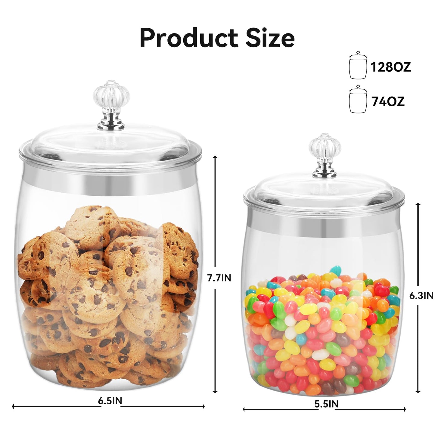 Wagrvuy 2 Pcs Candy Cookie Jar with Lids - 128 Oz & 74 Oz Plastic Clear Airtight Containers Large Kitchen Pantry Food Apothecary Storage Sealed Canisters for Coffee Cereal Pasta Flour Rice Snack