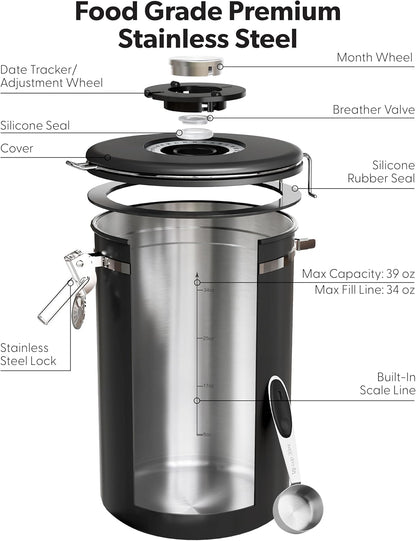 2.2lbs 39oz,Black Veken Large Coffee Canister with Window, Kitchen Food Storage Airtight Stainless Steel Container