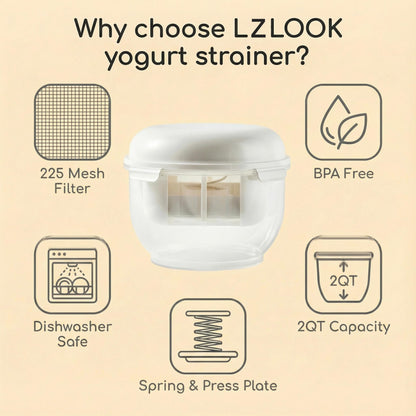 Greek Yogurt Strainer | 2 QT Ultra-Fine Mesh Filter with Spring Press | Yogurt, Kefir, Nut Milk & Soy Milk Strainer | BPA-Free Large Yogurt Container for Home Kitchen | MultiFunctional Yogurt Filter