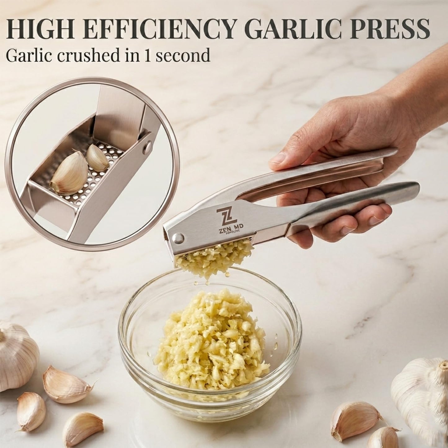 Premium Garlic Press Stainless Steel, Heavy Duty Mincer & Crusher Tool, Large Capacity Ginger Press and Masher, Easy Squeeze Presser, Rustproof Dishwasher Safe Kitchen Gadget