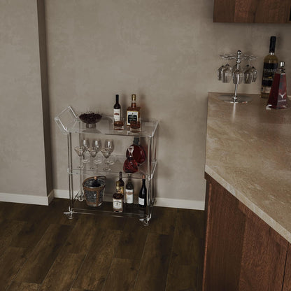 HMYHUM Acrylic Bar Cart with 4 Lockable Wheels, 30.5" L x 15.2" W x 34.5" H, Rolling Serving Cart for the Home Bar, Kitchen, Living Room, with Pulling Handle, Modern, 3-Tier, Clear