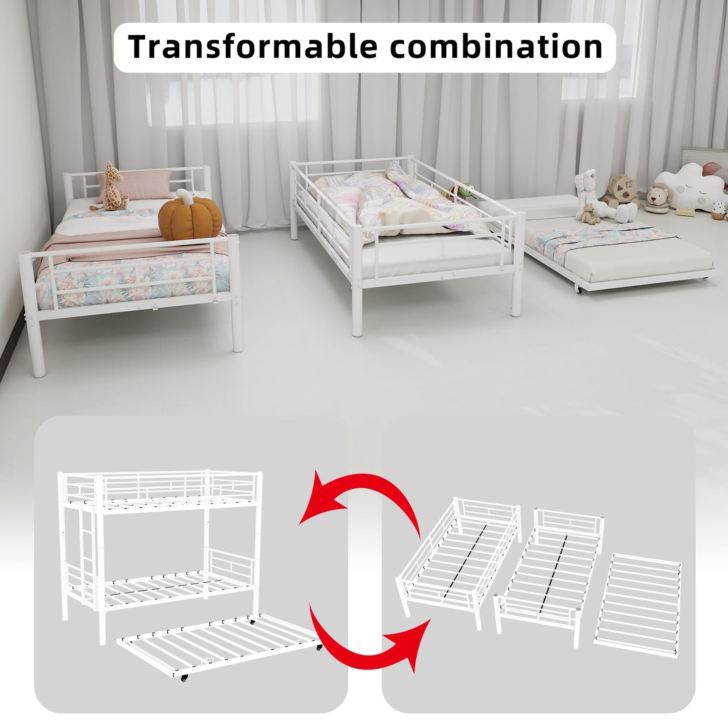 KEIKI Twin Size Triple Bunk Bed w/Trundle,Heavy Duty Metal Convertible Platform Bed Frame with Ladder & Full-Length Guardrail, for Teens, Adults, Noise Reduced, No Box Spring Needed,White