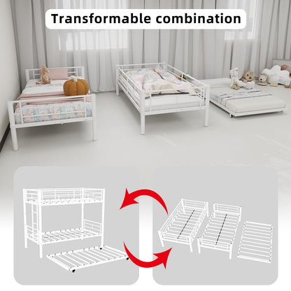 KEIKI Twin Size Triple Bunk Bed w/Trundle,Heavy Duty Metal Convertible Platform Bed Frame with Ladder & Full-Length Guardrail, for Teens, Adults, Noise Reduced, No Box Spring Needed,White