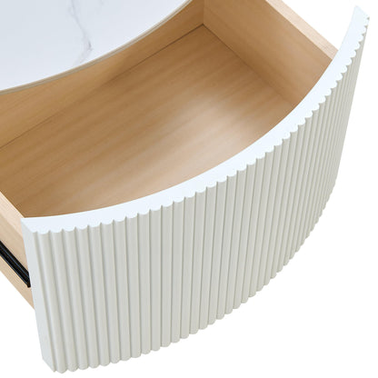 Merax 29.5" Round Fluted Coffee Table for Living Room, Movable Accent Table with Casters and 2 Storage Drawers, Marble Pattern Sintered Stone Top, White