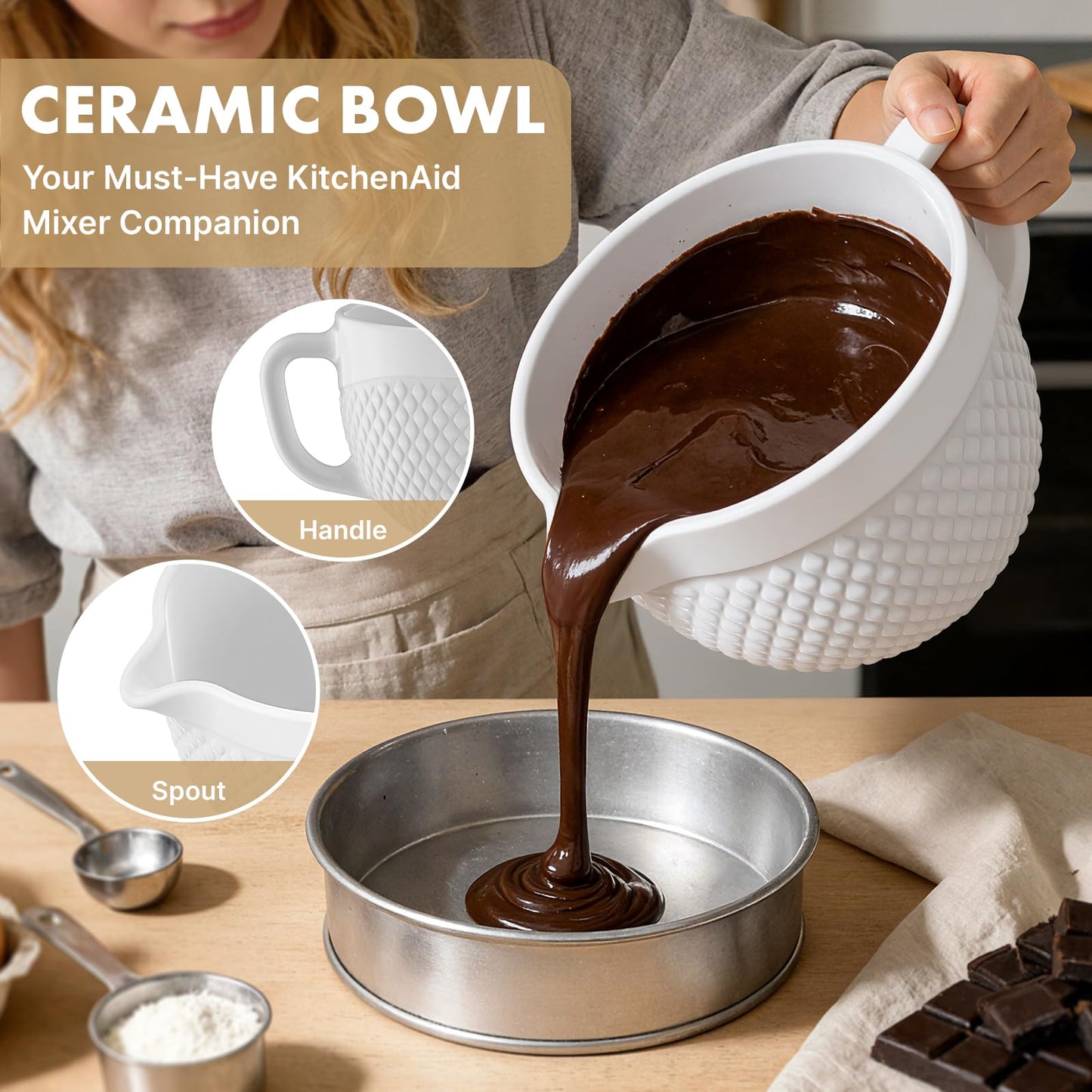 Ceramic Mixer Bowl For KitchenAid all 4.5-5 Quart Tilt-Head Stand Mixers, 5 qt Mixing Bowl For Kitchen Aid Accessories and Attachments with Handle