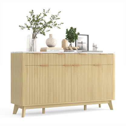 IDEALHOUSE 60" Large Farmhouse Sideboard Buffet Cabinet with Storage Drawers & Adjustable Shelves, Wood Fluted Buffet Storage Cabinet & Coffee Bar Console Table for Living Room & Kitchen Dining Room