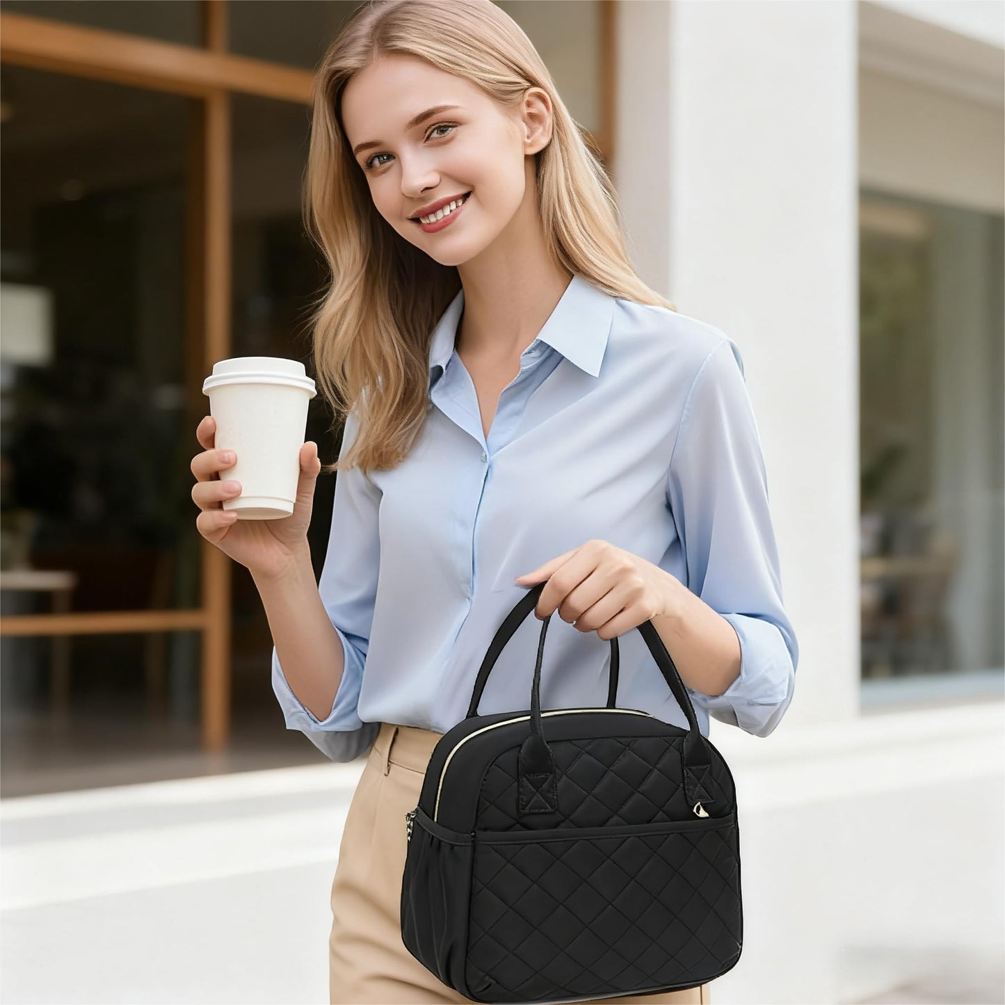 CAMTOP Lunch Box for Women Insulated Lunch Bag Lunchbox Cooler Thermal Leakproof Quilted Reusable Lunch Tote Bag for Work School Travel Picnic (Black)